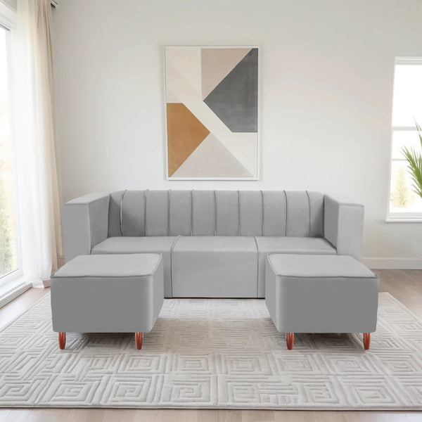 Sydney 5 Seater Sofa with 2 Ottoman- ( Plush Suede Fabric- Grey )
