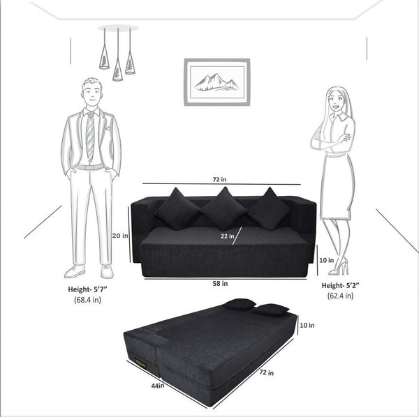 Flipper X Sofa Cum Bed - 3  Seater, Plain Cushion ( Premium Molfino Fabric, Black)