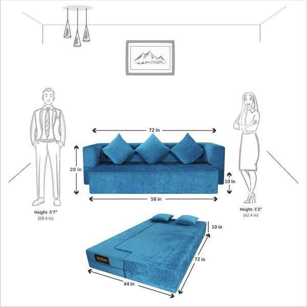 Flipper X Sofa Cum Bed - 3  Seater, Plain Cushion ( Premium Molfino Fabric, Sky Blue )