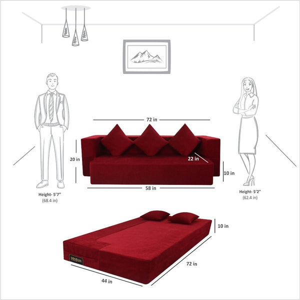 Flipper X Sofa Cum Bed - 3  Seater, Plain Cushion ( Jute Fabric,  Maroon )
