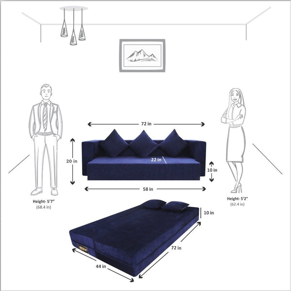 Flipper X Sofa Cum Bed - 3  Seater, Plain Cushion ( Premium Molfino Fabric, Blue )
