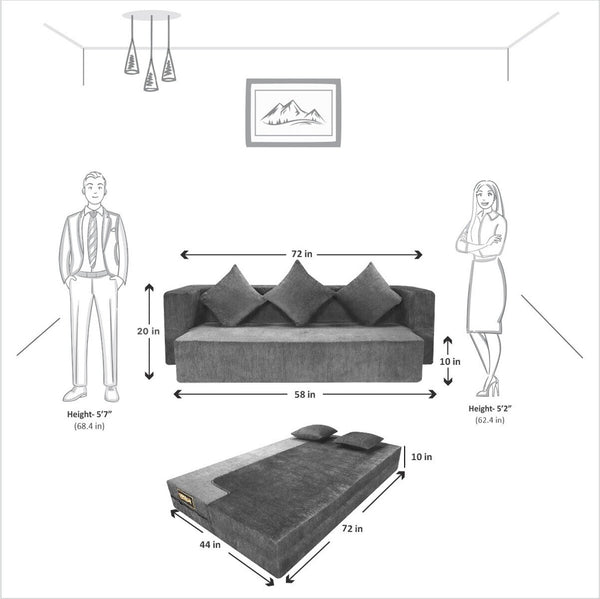 Flipper X Sofa Cum Bed - 3  Seater, Plain Cushion ( Premium Molfino Fabric, Grey )