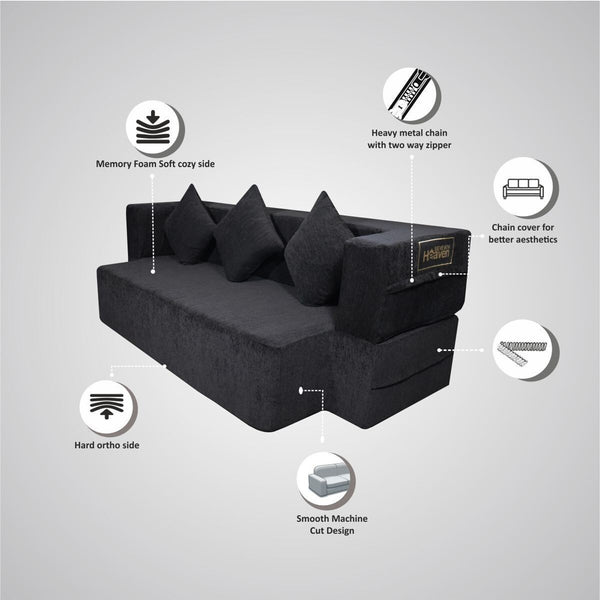 Flipper X Sofa Cum Bed - 3  Seater, Plain Cushion ( Premium Molfino Fabric, Black)