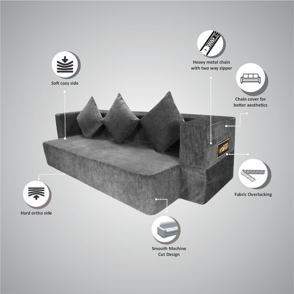 Flipper X Sofa Cum Bed - 3  Seater, Plain Cushion ( Premium Molfino Fabric, Grey )
