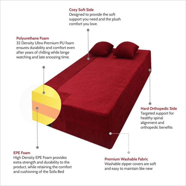 Flipper X Sofa Cum Bed - 3  Seater, Plain Cushion ( Jute Fabric,  Maroon )