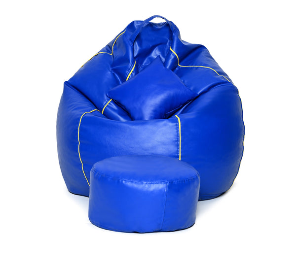 Seventh Heaven 3XL Bean Bag Cover with Footrest & Cushion ( Premium Leatherite - Royal Blue & Yellow Strip )