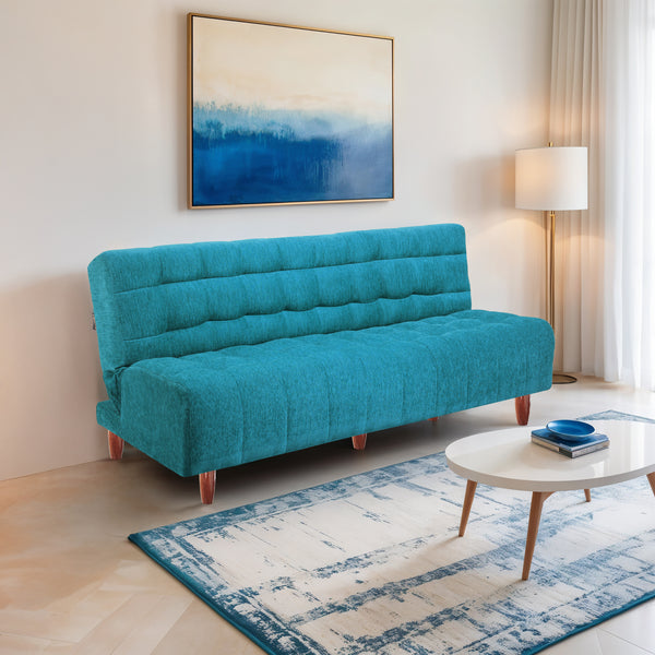 Florida Neo 4 Seater Wooden Sofa Cum Bed - ( Premium Molfino Fabric- Sky Blue )