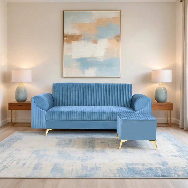 Venice 4 Seater Sofa with 2 Ottoman- ( Plush Suede Fabric- Sky Blue )