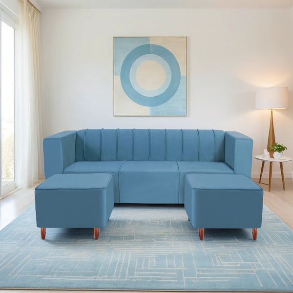 Sydney 5 Seater Sofa with 2 Ottoman- ( Plush Suede Fabric-Sky Blue )