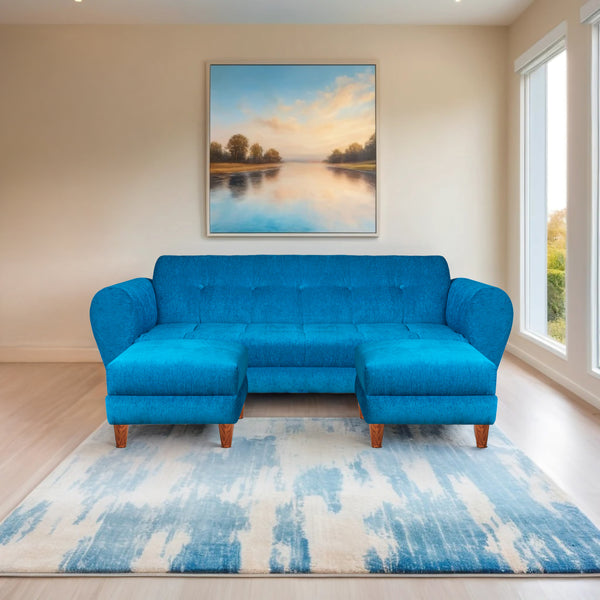 Milan 5 Seater with 2 Ottoman- ( Premium Molfino Fabric- Sky Blue )