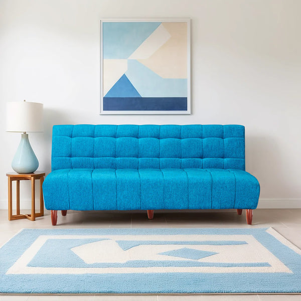 Florida 3 Seater Wooden Sofa Cum Bed - ( Premium Molfino Fabric- Sky Blue )