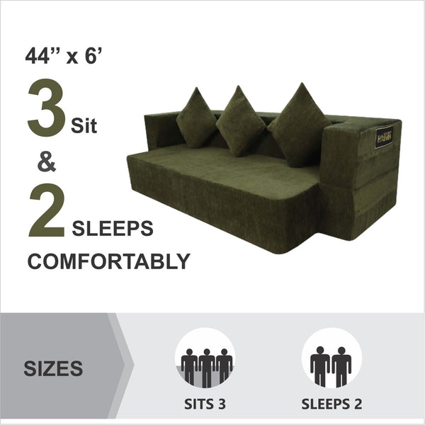 Flipper X Sofa Cum Bed - 3  Seater, Plain Cushion ( Premium Molfino Fabric, Green)
