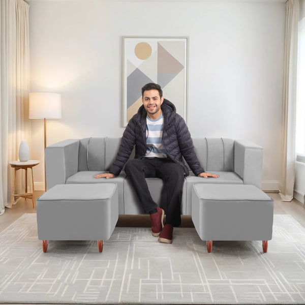 Sydney 5 Seater Sofa with 2 Ottoman- ( Plush Suede Fabric- Grey )