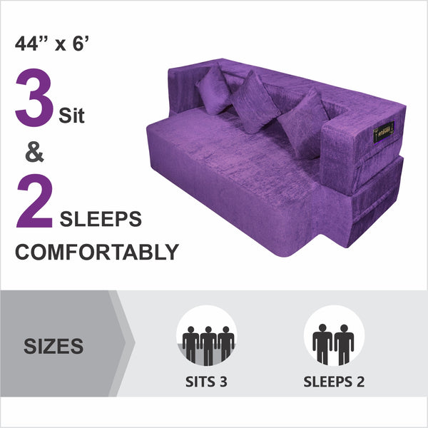 Flipper X Sofa Cum Bed - 3  Seater, Plain Cushion ( Premium Molfino Fabric, Purple)