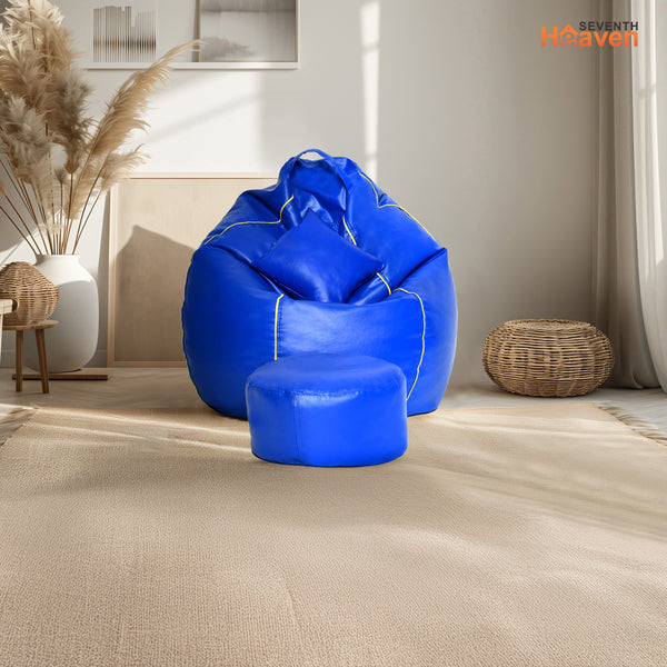 Seventh Heaven 3XL Bean Bag Cover with Footrest & Cushion ( Premium Leatherite - Royal Blue & Yellow Strip )