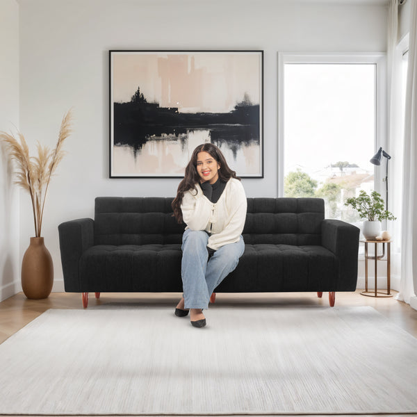 Lisbon Neo 3 Seater Wooden Sofa Cum Bed - ( Premium Molfino Fabric- Black )