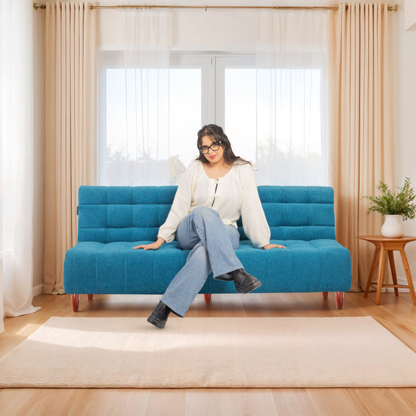 Florida Neo 3 Seater Wooden Sofa Cum Bed - ( Premium Molfino Fabric- Sky Blue )