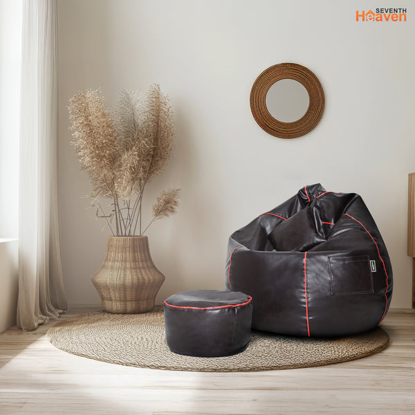Seventh Heaven 3XL Bean Bag Cover with Footrest & Cushion ( Premium Leatherite - Brown & Red Strip )