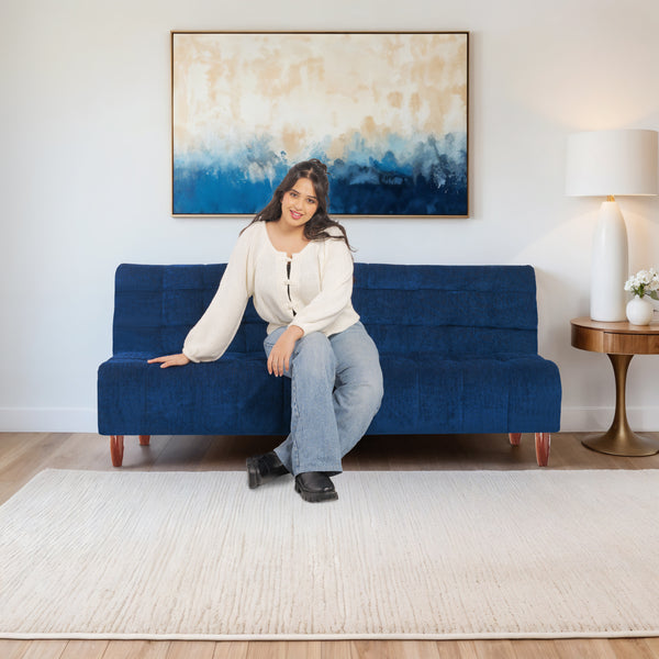 Florida Neo 4 Seater Wooden Sofa Cum Bed - ( Premium Molfino Fabric- Blue )