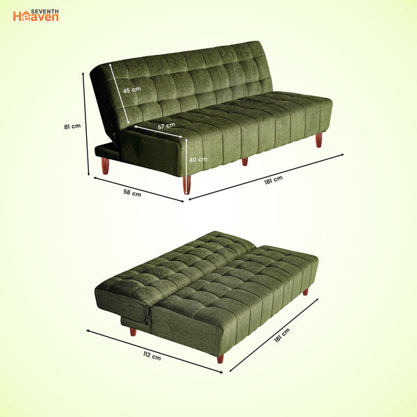 Florida  3 Seater Wooden Sofa Cum Bed - ( Premium Molfino Fabric- Green )