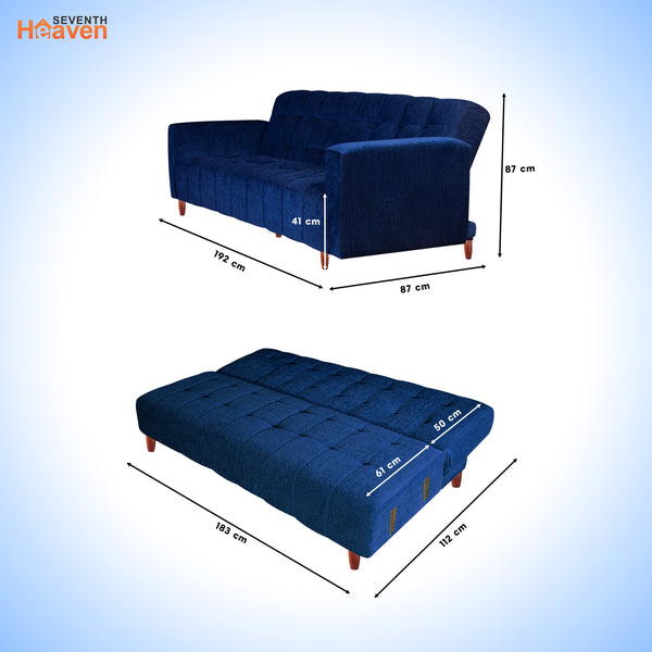 Lisbon 3 Seater Wooden Sofa Cum Bed - ( Premium Molfino Fabric- Blue )