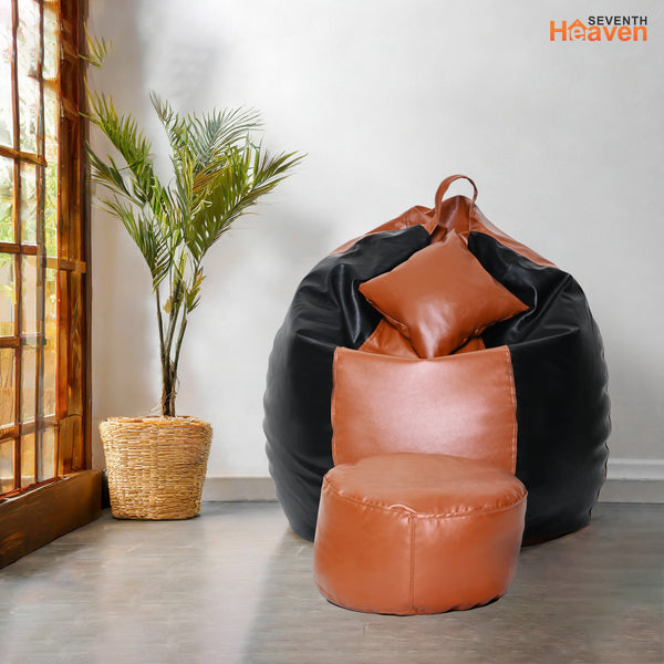 Seventh Heaven 3XL Bean Bag Cover with Footrest & Cushion ( Premium Leatherite - Black & Tan )