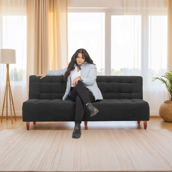 Florida Neo 4 Seater Wooden Sofa Cum Bed - ( Premium Molfino Fabric- Black )