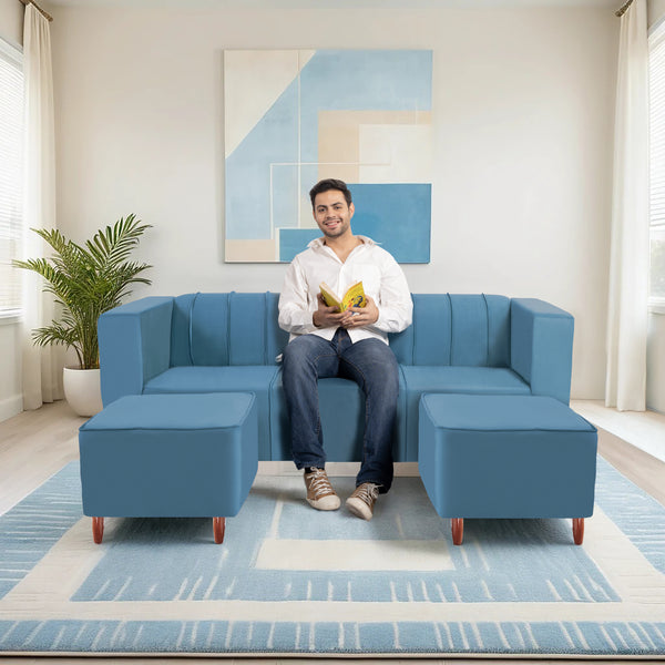 Sydney 5 Seater Sofa with 2 Ottoman- ( Plush Suede Fabric-Sky Blue )