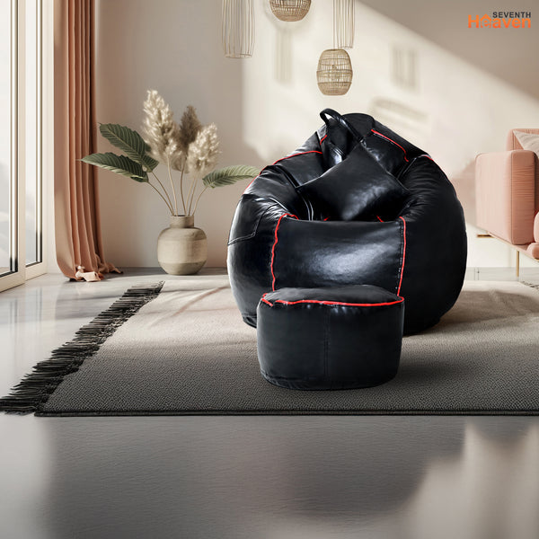 Seventh Heaven 3XL Bean Bag Cover with Footrest & Cushion ( Premium Leatherite - Black & Red Strip )
