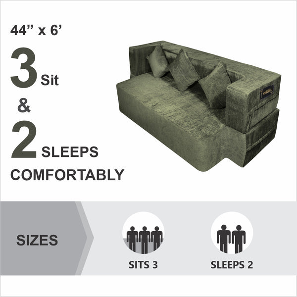 Flipper X Sofa Cum Bed - 3  Seater, Plain Cushion ( Premium Molfino Fabric, Green)