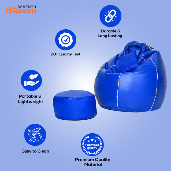 Seventh Heaven 3XL Bean Bag Cover with Footrest & Cushion ( Premium Leatherite - Royal Blue & Yellow Strip )