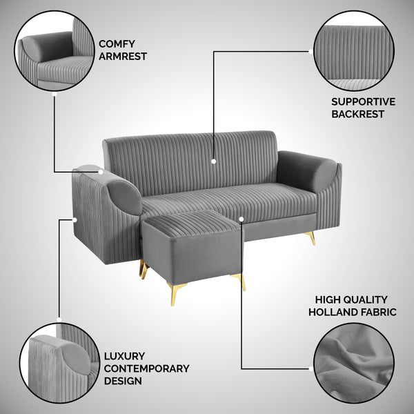 Venice 4 Seater Sofa with 2 Ottoman- ( Plush Suede Fabric- Grey )