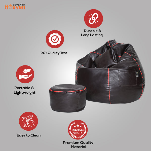Seventh Heaven 3XL Bean Bag Cover with Footrest & Cushion ( Premium Leatherite - Brown & Red Strip )