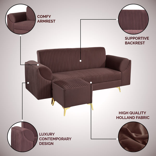 Venice 4 Seater Sofa with 1 Ottoman- ( Plush Suede Fabric- Brown )