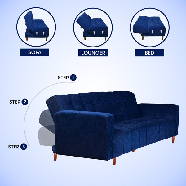 Lisbon 3 Seater Wooden Sofa Cum Bed - ( Premium Molfino Fabric- Blue )
