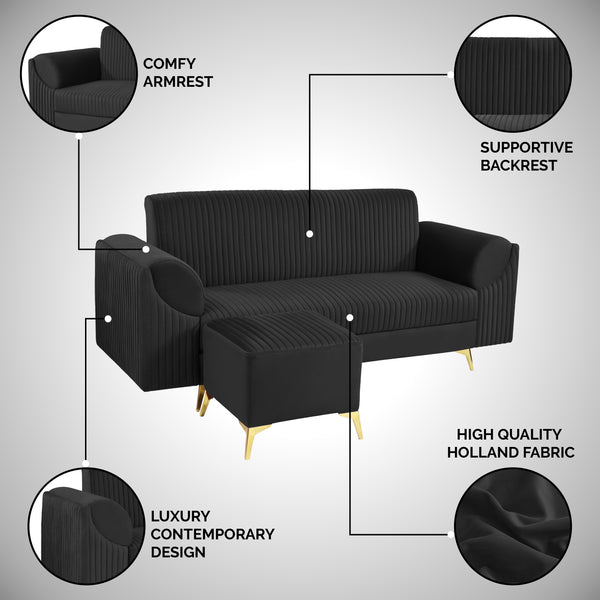 Venice 4 Seater Sofa with 2 Ottoman- ( Plush Suede Fabric- Black )