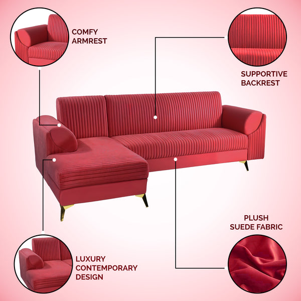 Venice 6 Seater Sofa Left Corner - ( Plush Suede Fabric - Maroon )