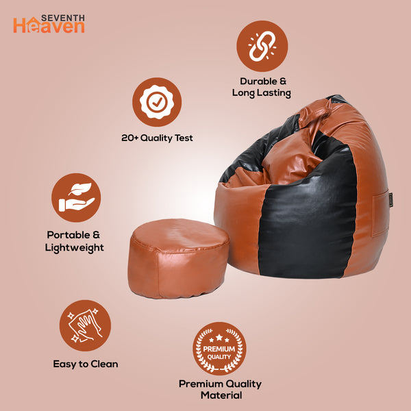 Seventh Heaven 3XL Bean Bag Cover with Footrest & Cushion ( Premium Leatherite - Black & Tan )