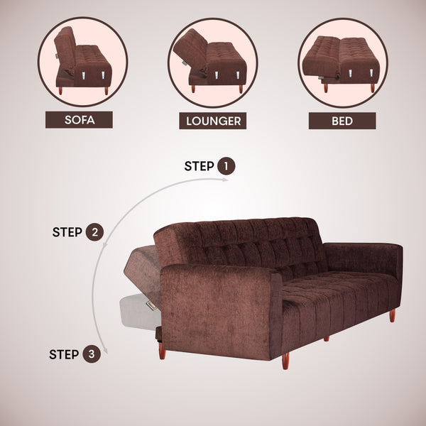 Lisbon  4 Seater Wooden Sofa Cum Bed - ( Premium Molfino Fabric- Brown)