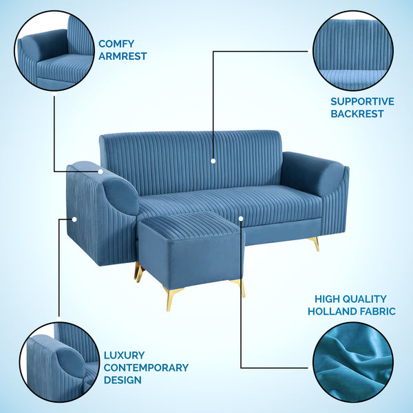 Venice 4 Seater Sofa with 2 Ottoman- ( Plush Suede Fabric- Sky Blue )