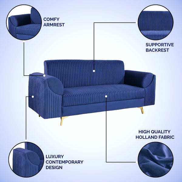 Venice 3 Seater Sofa- ( Plush Suede Fabric- Blue )