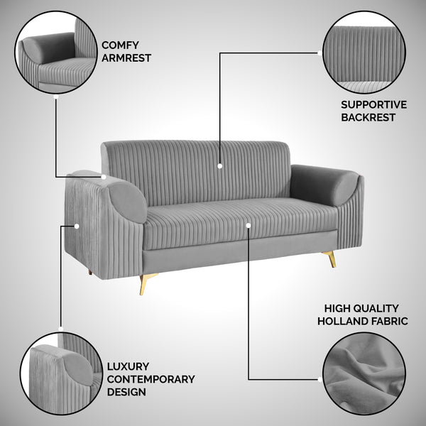 Venice 3 Seater Sofa- ( Plush Suede Fabric- Grey )