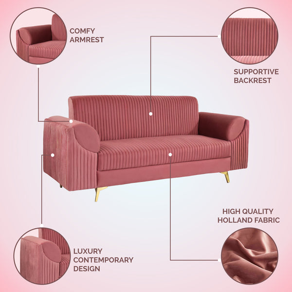 Venice 3 Seater Sofa- ( Plush Suede Fabric - Peach )