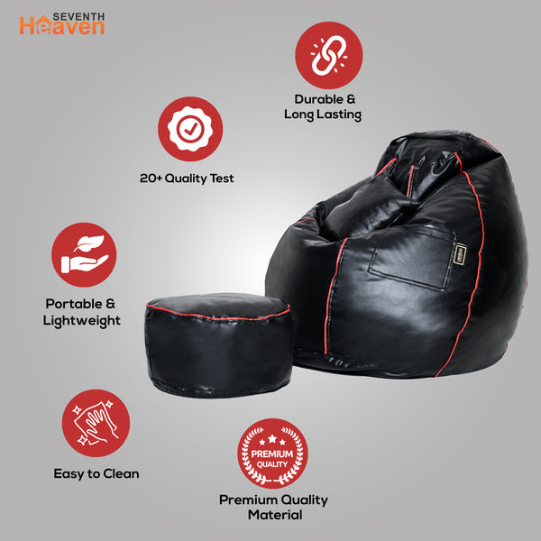 Seventh Heaven 3XL Bean Bag Cover with Footrest & Cushion ( Premium Leatherite - Black & Red Strip )