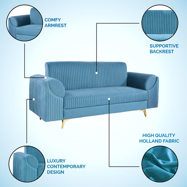 Venice 3 Seater Sofa- ( Plush Suede Fabric- Sky Blue )