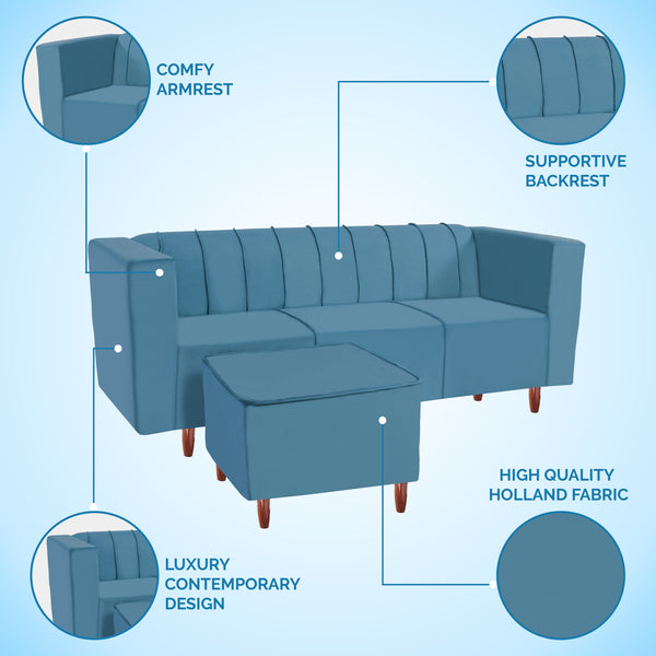 Sydney 5 Seater Sofa with 2 Ottoman- ( Plush Suede Fabric-Sky Blue )