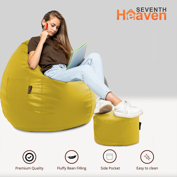 Seventh Heaven 3XL Bean Bag Cover with Footrest & Cushion ( Premium Leatherite - Yellow )