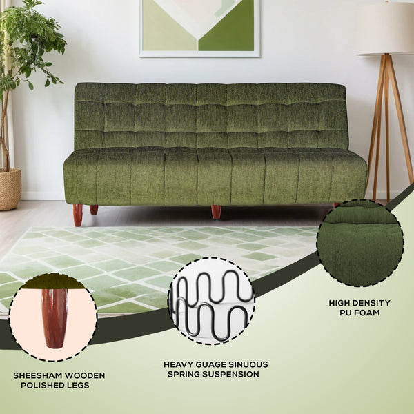 Florida  3 Seater Wooden Sofa Cum Bed - ( Premium Molfino Fabric- Green )