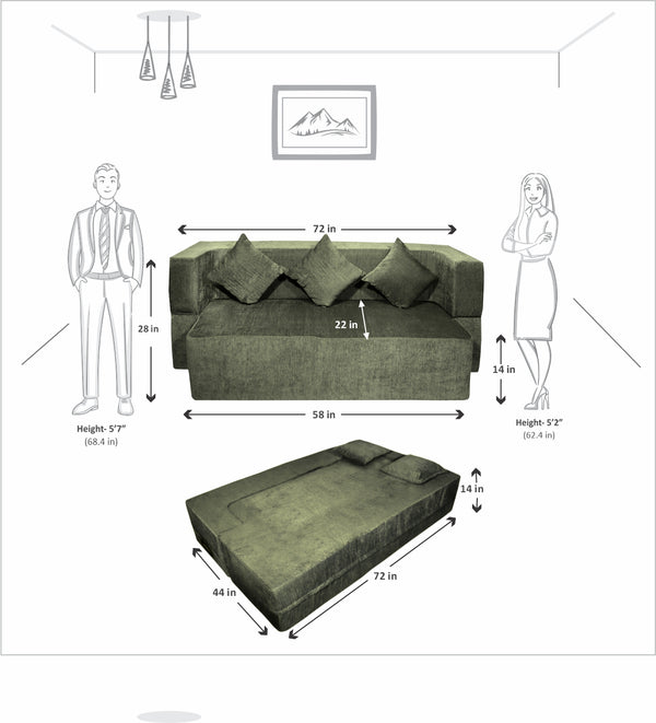 Flipper X Sofa Cum Bed - 3  Seater, Plain Cushion ( Premium Molfino Fabric, Green)
