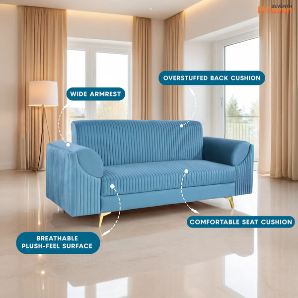 Venice 3 Seater Sofa- ( Plush Suede Fabric- Sky Blue )